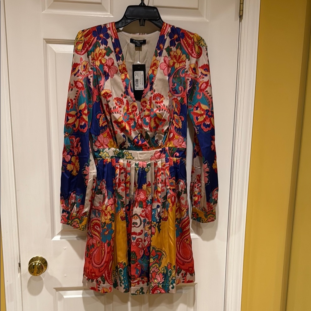Marciano Orange and Blue Mini Wrap Dress with V-Neck